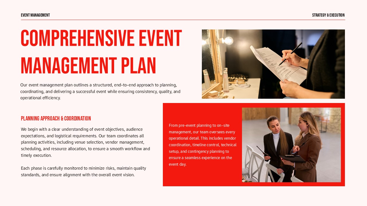 Event planning proposal slide showcasing a comprehensive event management plan with bold red headings, structured text sections, and professional planning images in a modern layout.