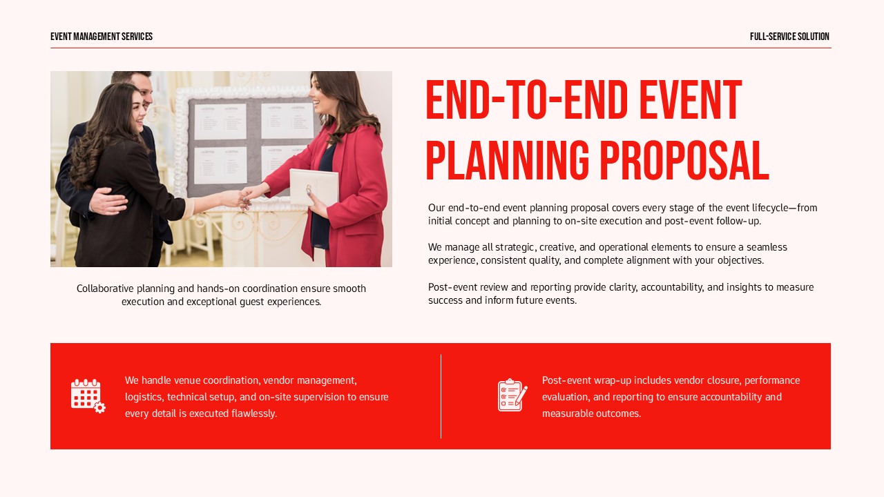 Red event-planning-proposal-end-to-end-event-management-slide-powerpoint