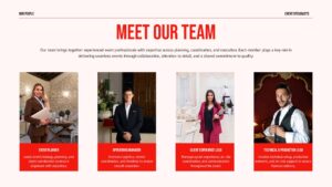 Event planning proposal slide introducing the event management team with four professional profiles, role titles, portraits, and a clean red-accented layout.