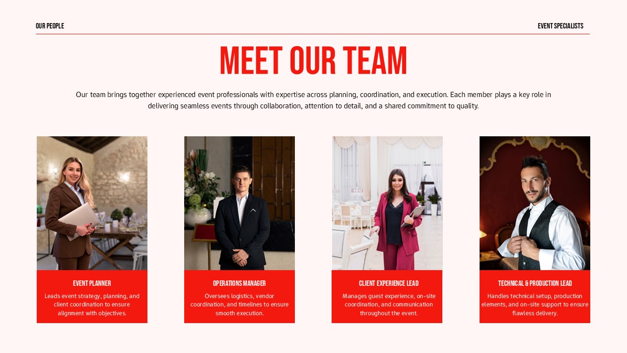 Event planning proposal slide introducing the event management team with four professional profiles, role titles, portraits, and a clean red-accented layout.