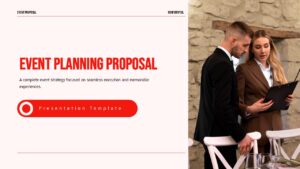 Event planning proposal presentation cover featuring bold red typography, clean layout, and a professional event planning team reviewing details on a tablet.