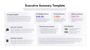 Executive summary dashboard slide with KPI cards, budget metrics, outcomes, efficiency indicators, and strategic text blocks.