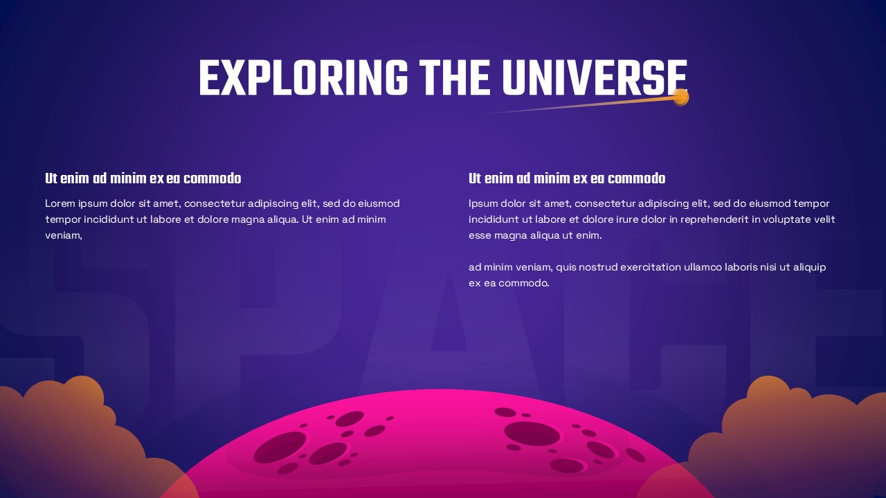 Space presentation slide with purple cosmic background, bold title text, two text columns, and illustrated planet surface with clouds and shooting star.