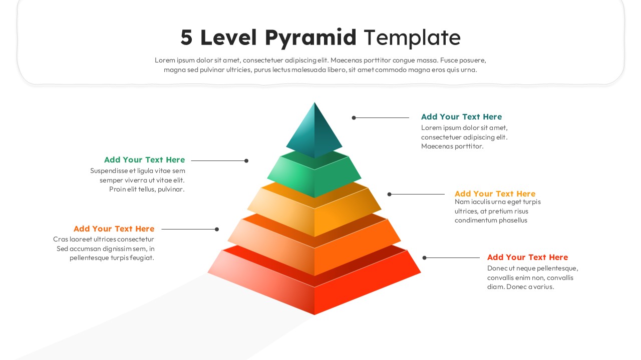 Five level pyramid diagram slide with stacked colored layers and side text callouts in a clean layout.
