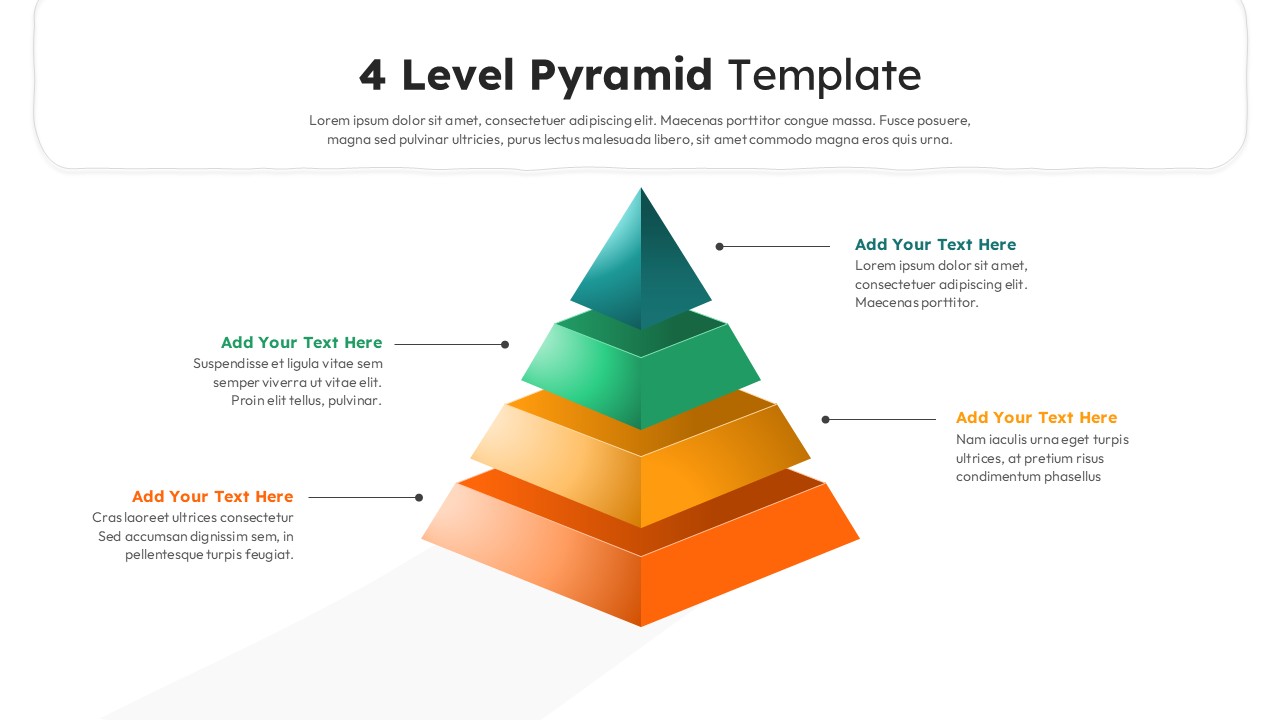 Four level 3D pyramid diagram with gradient layers, connector lines, and text areas on a clean white background.
