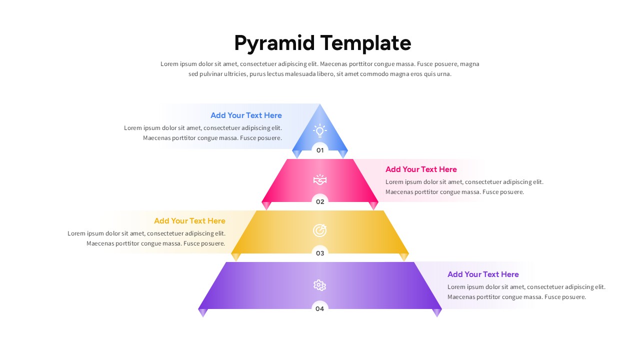 Four-level pyramid diagram infographic with gradient colors, icons, numbered stages, and side text areas.