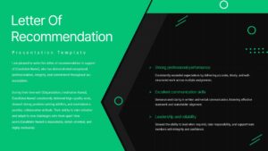 Green and black Letter of recommendation slide with green accent panel, structured text area, and highlighted key strengths.