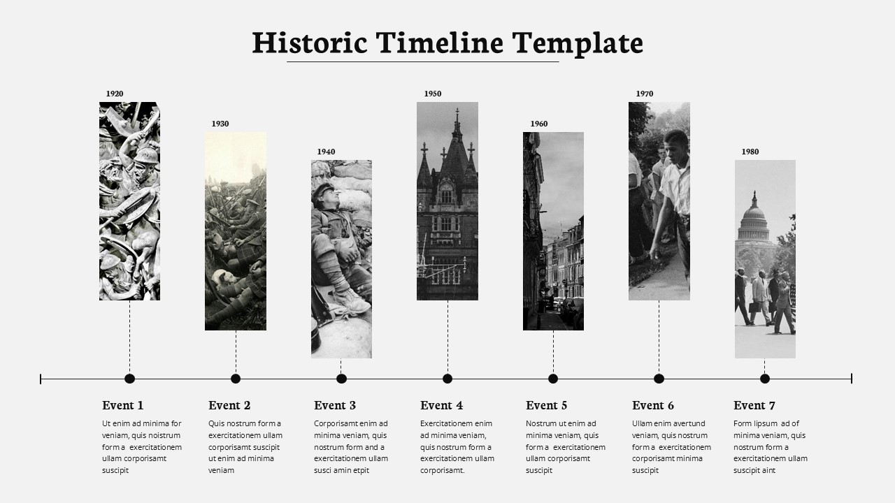 Historic timeline slide with horizontal axis, dated milestones, vertical photo panels, and event descriptions.