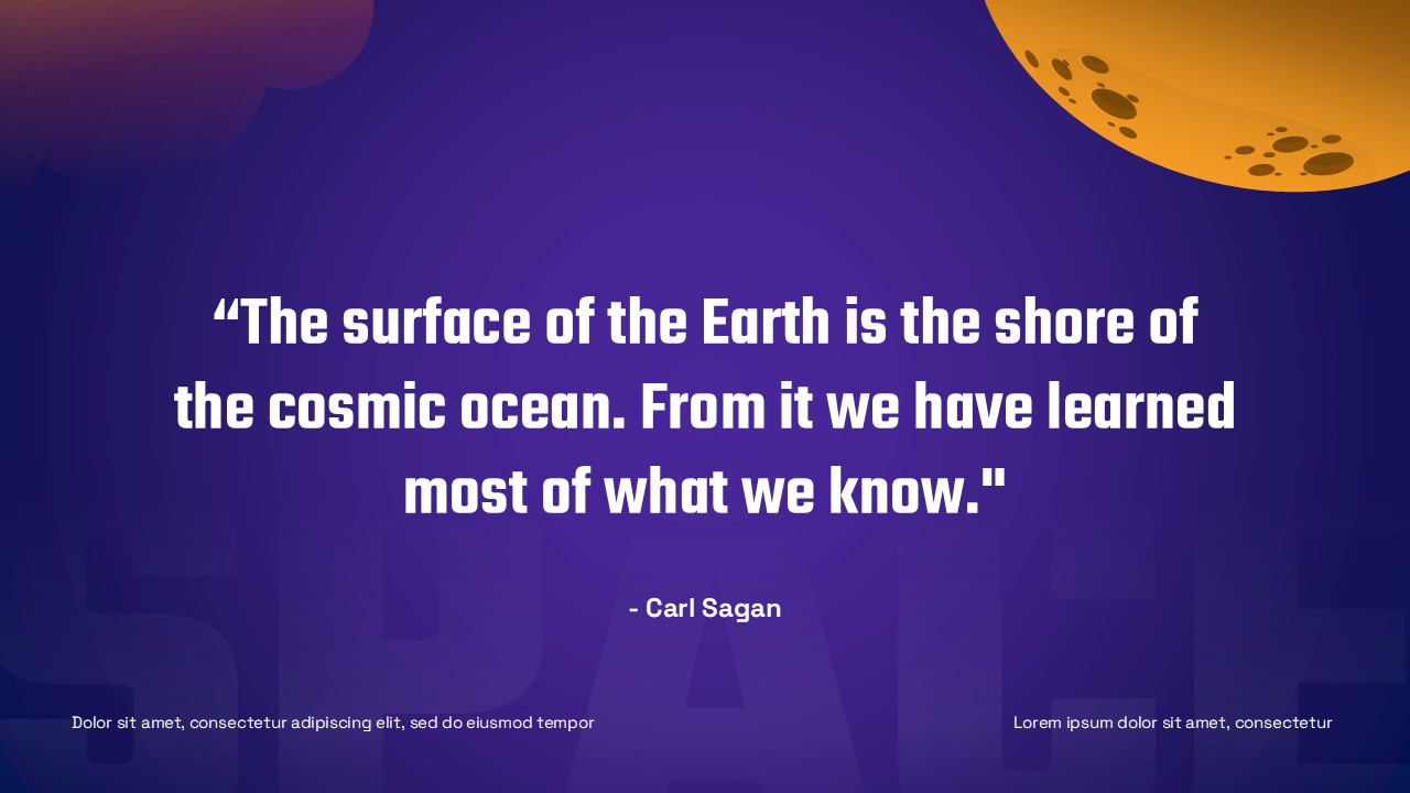 Space Theme Presentation quote slide with Carl Sagan quotation, purple gradient background, bold white typography, and abstract planet shapes.