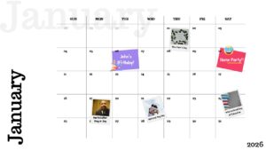January 2026 calendar slide with clean grid layout, weekday headers, highlighted events, and notes in a minimal presentation design.