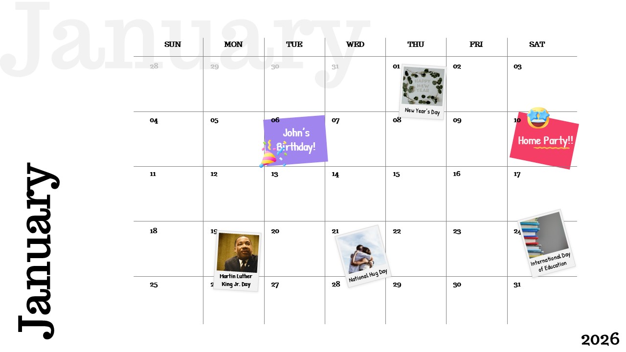 January 2026 calendar slide with clean grid layout, weekday headers, highlighted events, and notes in a minimal presentation design.
