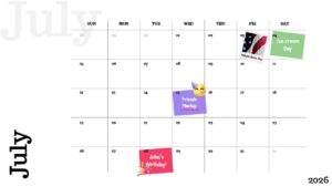 July 2026 calendar slide with clean grid layout, weekday headers, and highlighted holidays and personal events in a minimal presentation design.