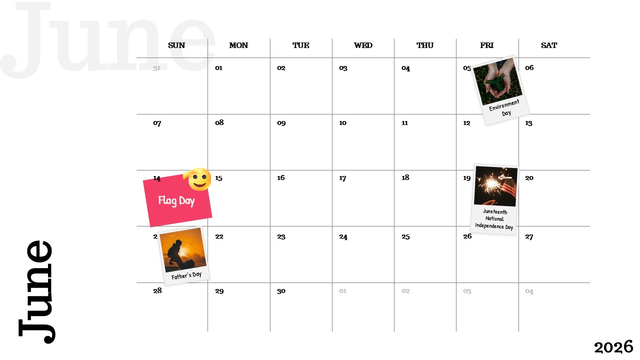 June 2026 calendar slide with clean grid layout, weekday headers, and highlighted holidays and event notes in a minimal presentation design.