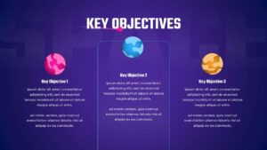 Key Objectives presentation template showing three illustrated objectives arranged horizontally on a purple space-themed slide