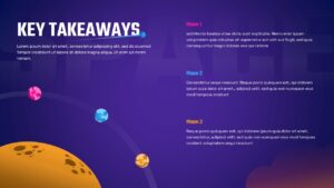 Space-themed slide titled “Key Takeaways” featuring a purple cosmic background, illustrated planets, and three labeled sections—Moon 1, Moon 2, and Moon 3—with descriptive text blocks.