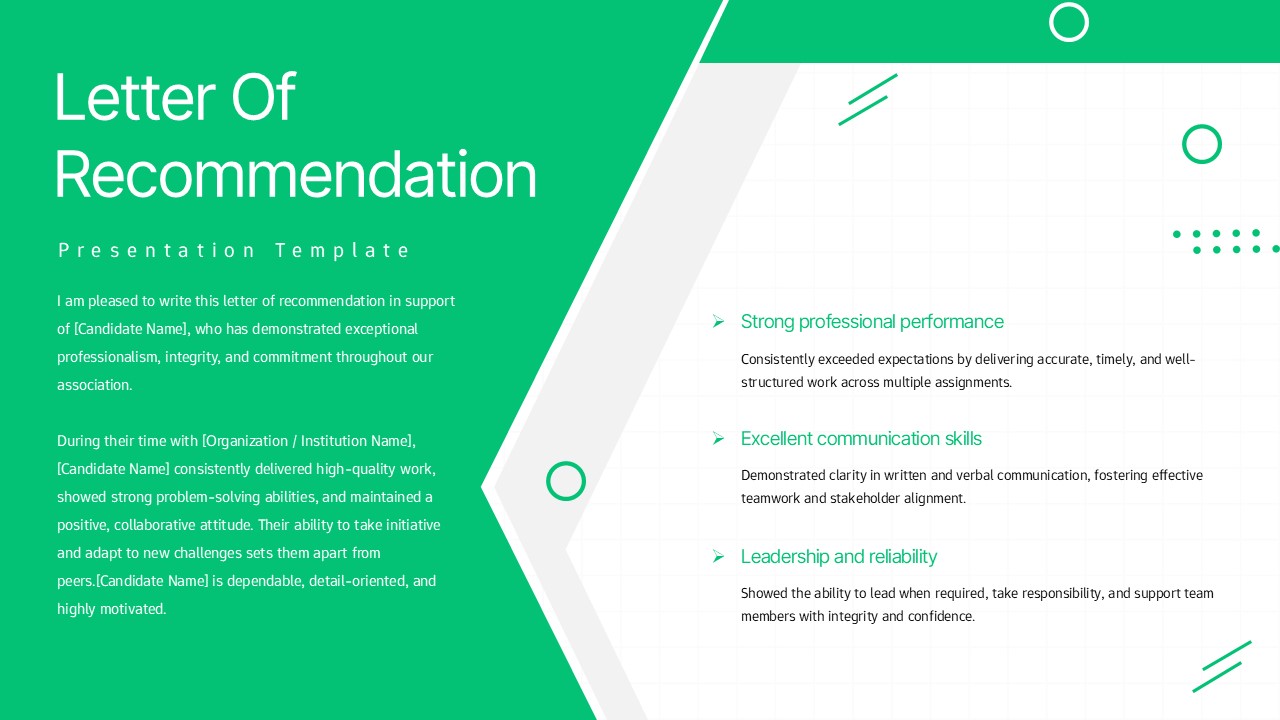 Letter of recommendation slide with green accent panel, structured text area, and highlighted key strengths.