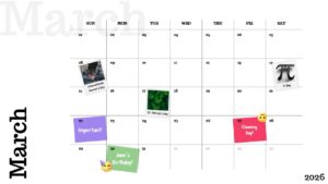 March 2026 calendar slide with clean grid layout, weekday headers, highlighted holidays, reminders, and event notes in a minimal design.
