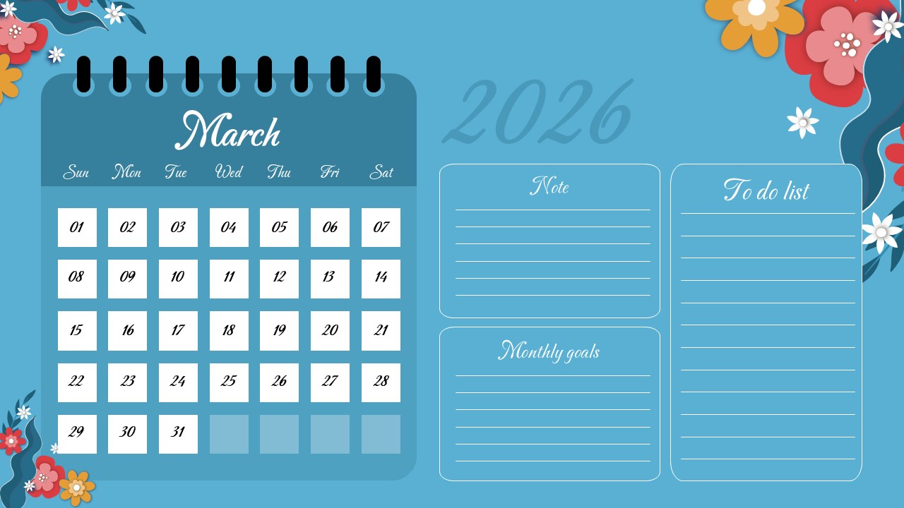 Floral monthly planner calendar slide with date grid, notes, to-do list, and monthly goals sections on a blue background.