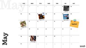 May 2026 calendar slide with clean grid layout, weekday headers, and highlighted holidays and event notes in a minimal presentation design.