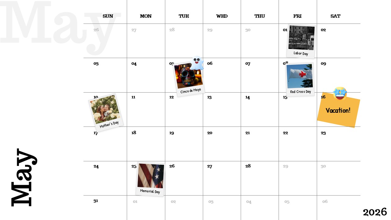 May 2026 calendar slide with clean grid layout, weekday headers, and highlighted holidays and event notes in a minimal presentation design.