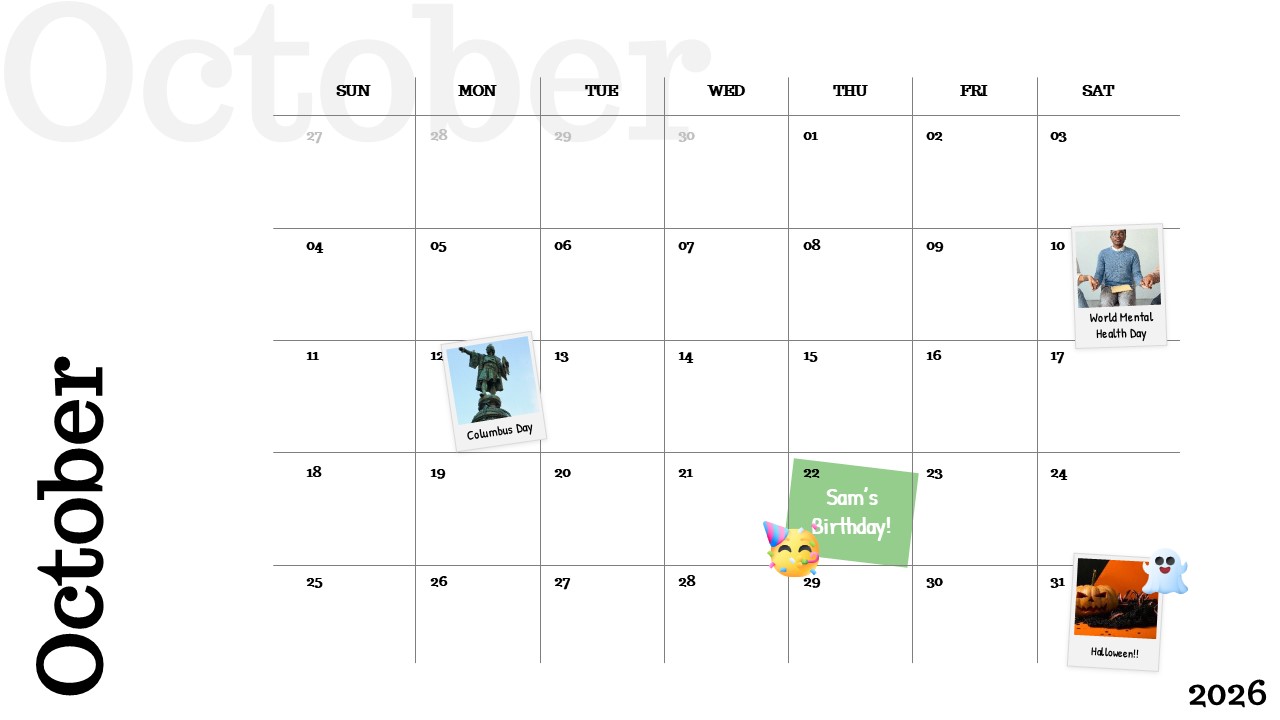 October 2026 calendar slide with clean grid layout, weekday headers, and highlighted holidays and personal events in a minimal presentation design.