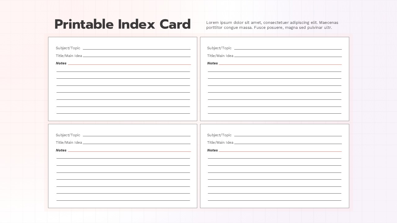Printable index card slide with four lined note cards featuring subject, main idea, and notes sections.