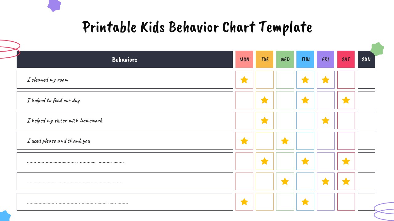 Printable kids behavior chart with weekly grid, colorful day columns, behavior list, and star reward icons.