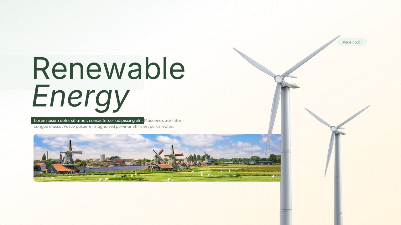 Renewable Energy presentation cover featuring wind turbines, green typography, panoramic landscape image, and clean structured layout.