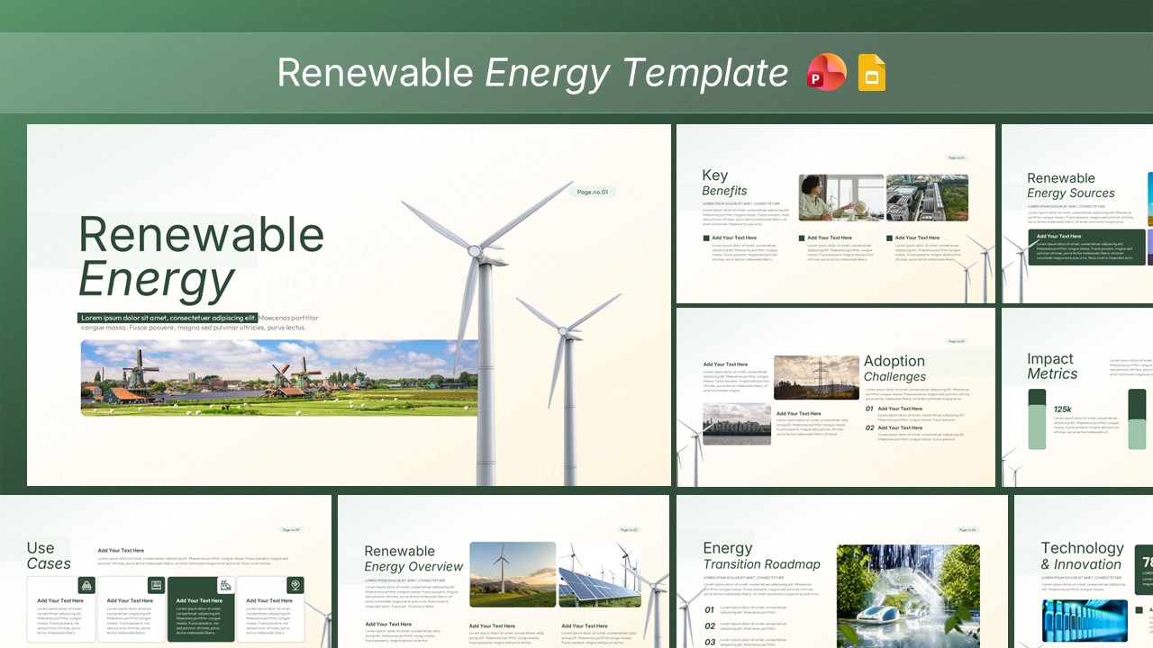 Renewable energy presentation slide layout featuring wind turbines, green theme, overview sections, roadmap, and impact metrics.