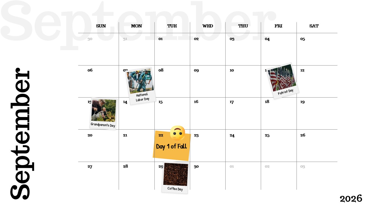 September 2026 calendar slide with clean grid layout, weekday headers, and highlighted holidays and seasonal events in a minimal presentation design.