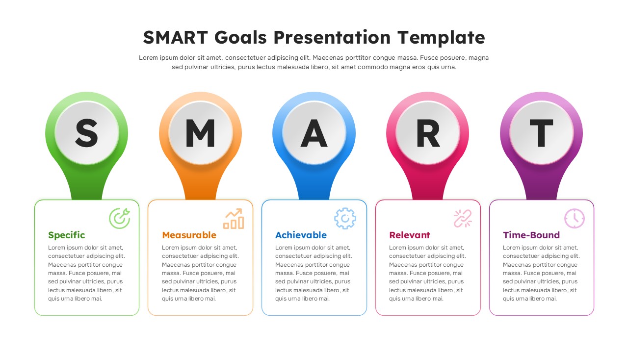 SMART goals infographic slide with five color-coded vertical pillars labeled Specific, Measurable, Achievable, Relevant, and Time-Bound.