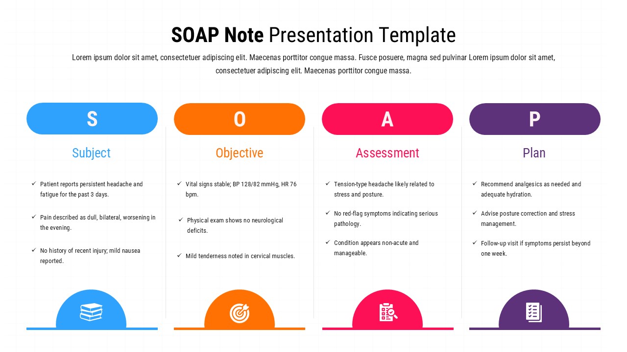 SOAP note presentation slide with four columns for Subjective, Objective, Assessment, and Plan in a clean layout.
