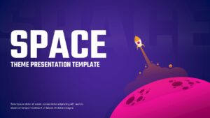 Space theme presentation cover with purple gradient background, rocket launch illustration, bold white title text, and pink planet foreground.