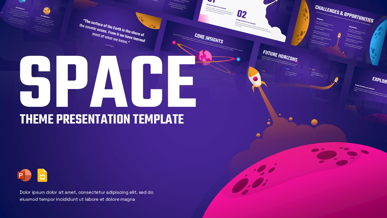 Space theme presentation cover with purple gradient background, planets, rocket illustration, and layered futuristic slides.