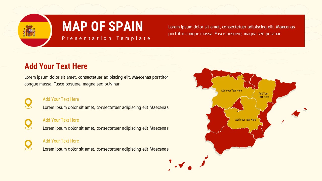 Spain map slide with highlighted regions in red and yellow, location markers, title header, and text sections for annotations.