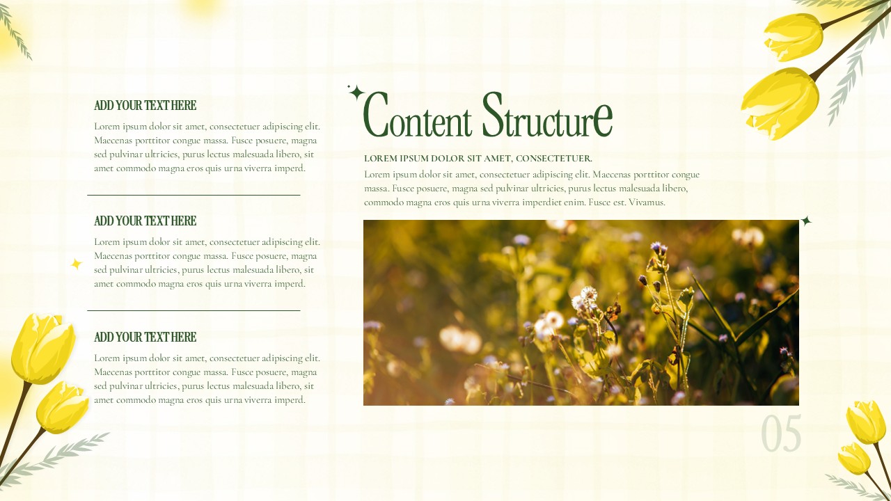 Spring Floral Presentation content structure slide with sectioned text blocks, a large nature photo, green headings, and a soft grid background.