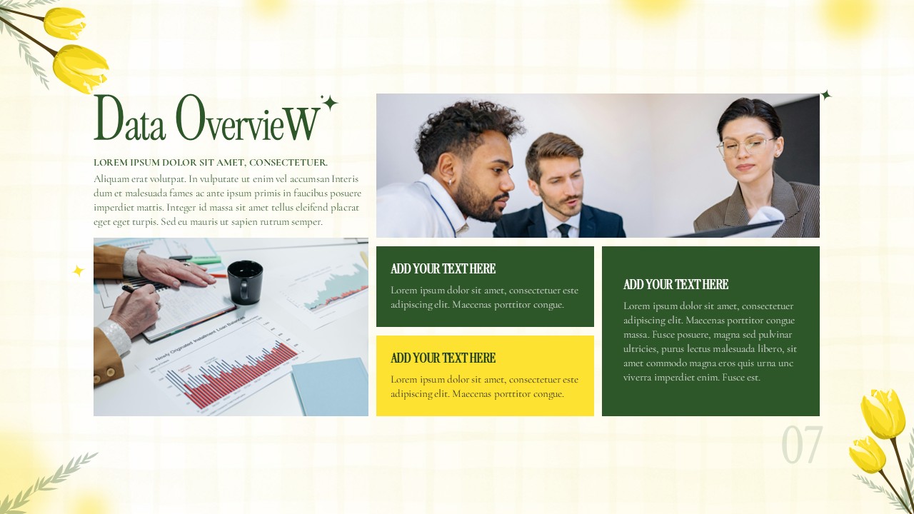 Data overview presentation slide with team discussion photo, charts, text blocks, and green-yellow accented layout on a grid background.
