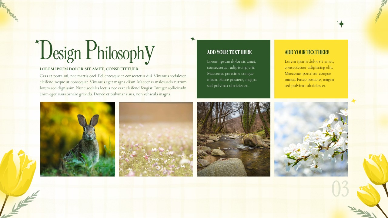Spring Floral Presentation design philosophy slide with green and yellow content blocks, nature photos, floral accents, and a soft grid background layout.