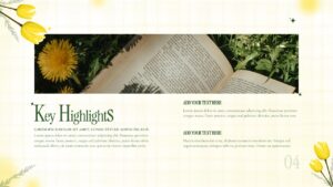 Spring Floral Presentation key highlights slide with a wide nature photo banner, green headings, text sections, and a soft grid background with floral accents.