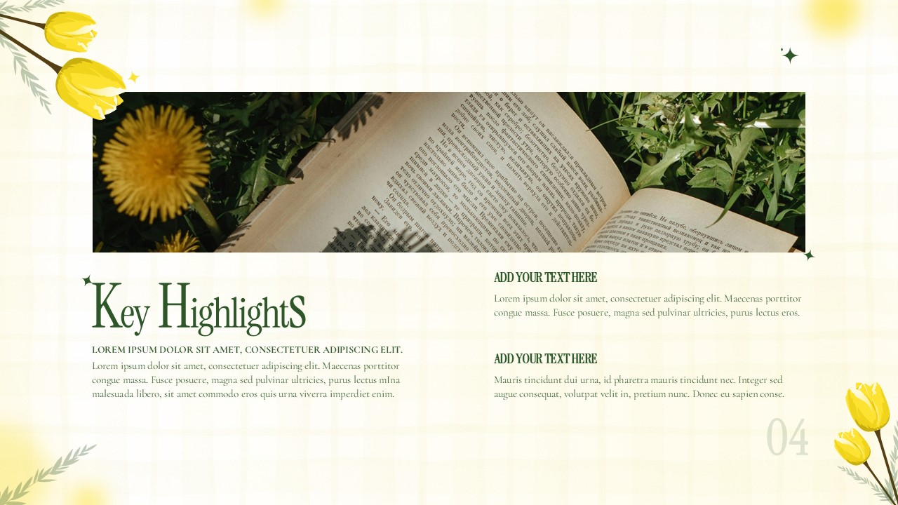 Spring Floral Presentation key highlights slide with a wide nature photo banner, green headings, text sections, and a soft grid background with floral accents.