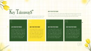 Key takeaways slide with four numbered content cards in green and yellow, headline text, and floral accents on a soft grid background.