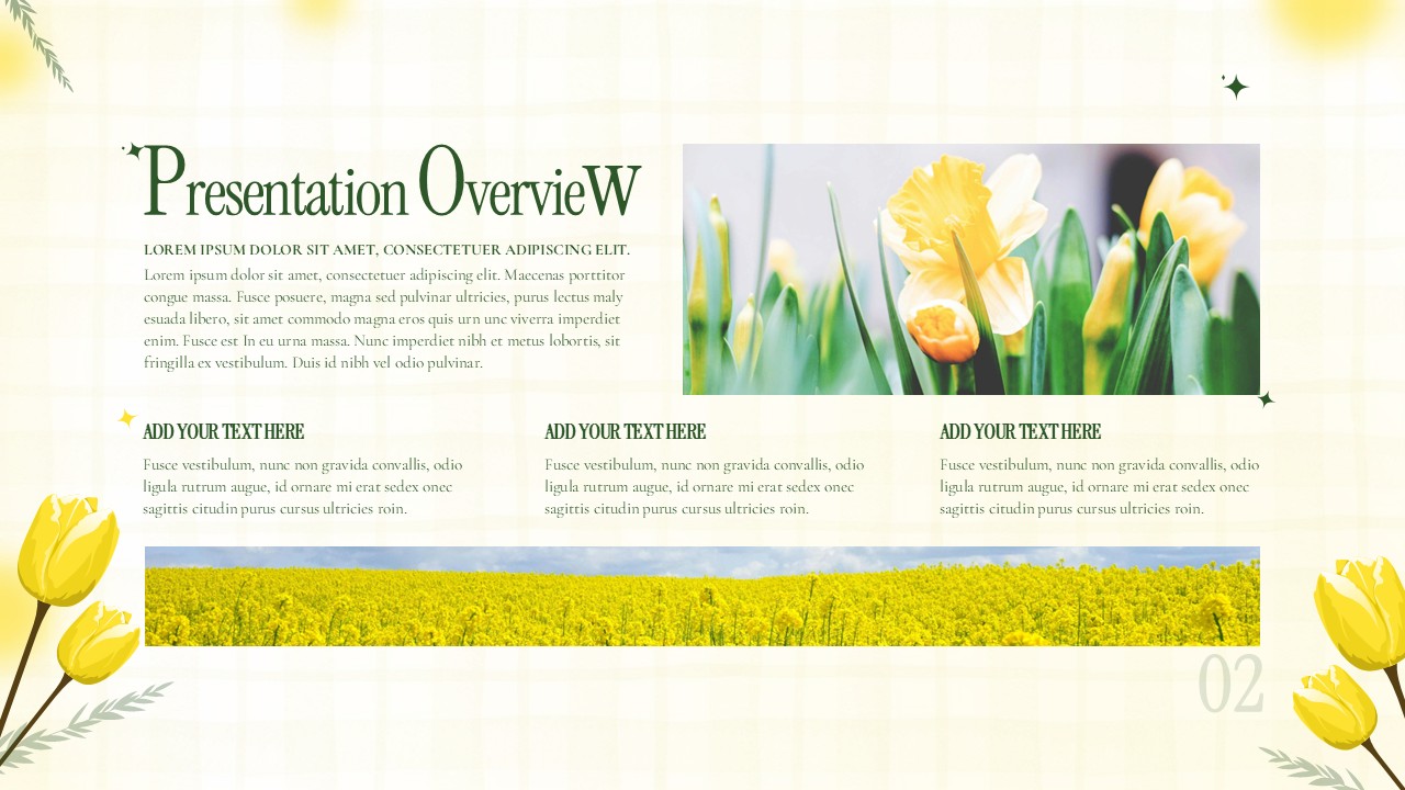 Spring Floral Presentation overview slide with green headings, yellow tulip images, multiple text blocks, and a soft grid background layout.