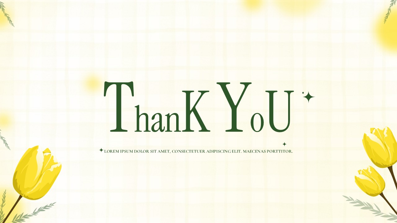 Thank you slide with centered serif typography, soft grid background, yellow tulip illustrations in corners, and subtle decorative sparkles.