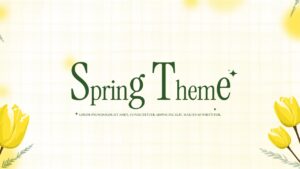 Spring theme presentation cover slide with green serif title text, yellow tulip illustrations, and a soft light grid background.