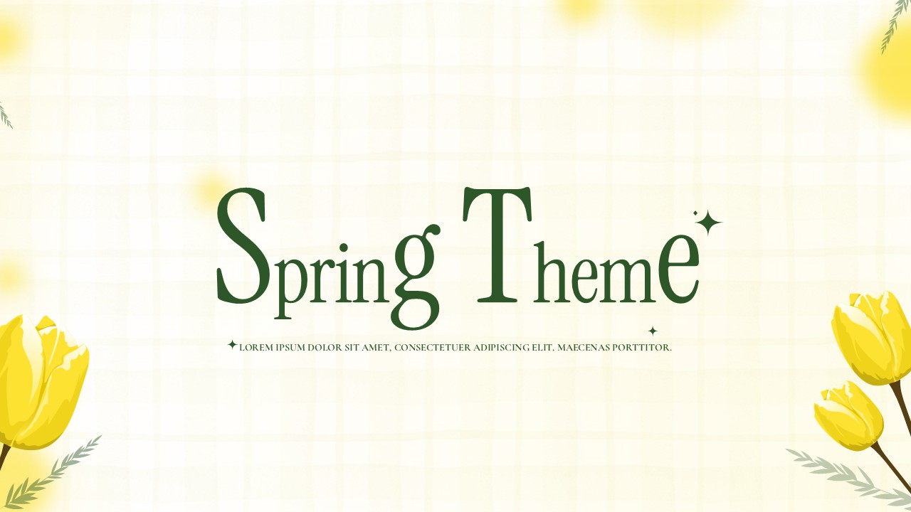 Spring theme presentation cover slide with green serif title text, yellow tulip illustrations, and a soft light grid background.