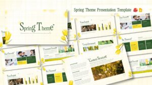 Spring theme presentation deck preview with yellow tulip illustrations, green typography, charts, content layouts, and a soft grid background.