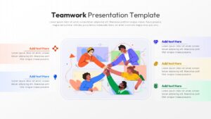 Teamwork slide with illustrated team members joining hands and multiple text sections with icons.