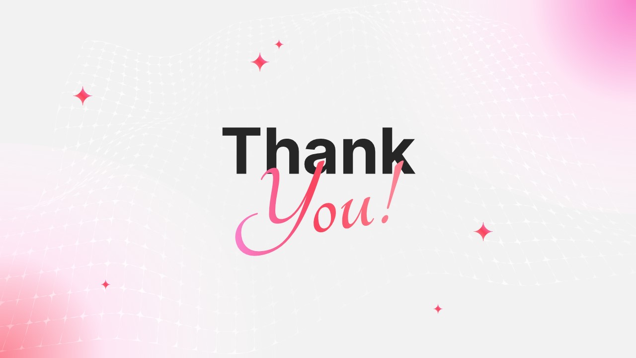 Thank you slide with elegant gradient background, subtle mesh pattern, and bold centered typography.