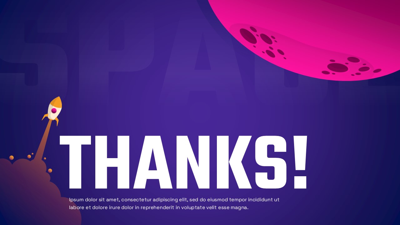 Space-themed displaying a large “THANKS!” message, a purple cosmic background, a rocket launching upward, and a pink planet element in the corner