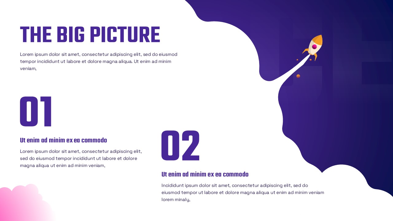 Space-themed slide showing a clean layout with large title text, numbered sections, purple accents, and a rocket illustration launching upward